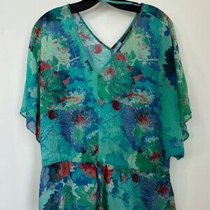 🩷 A.N.A. Petite Floral Chiffon Blouse Teal Blue Sheer Drawstring Waist Top